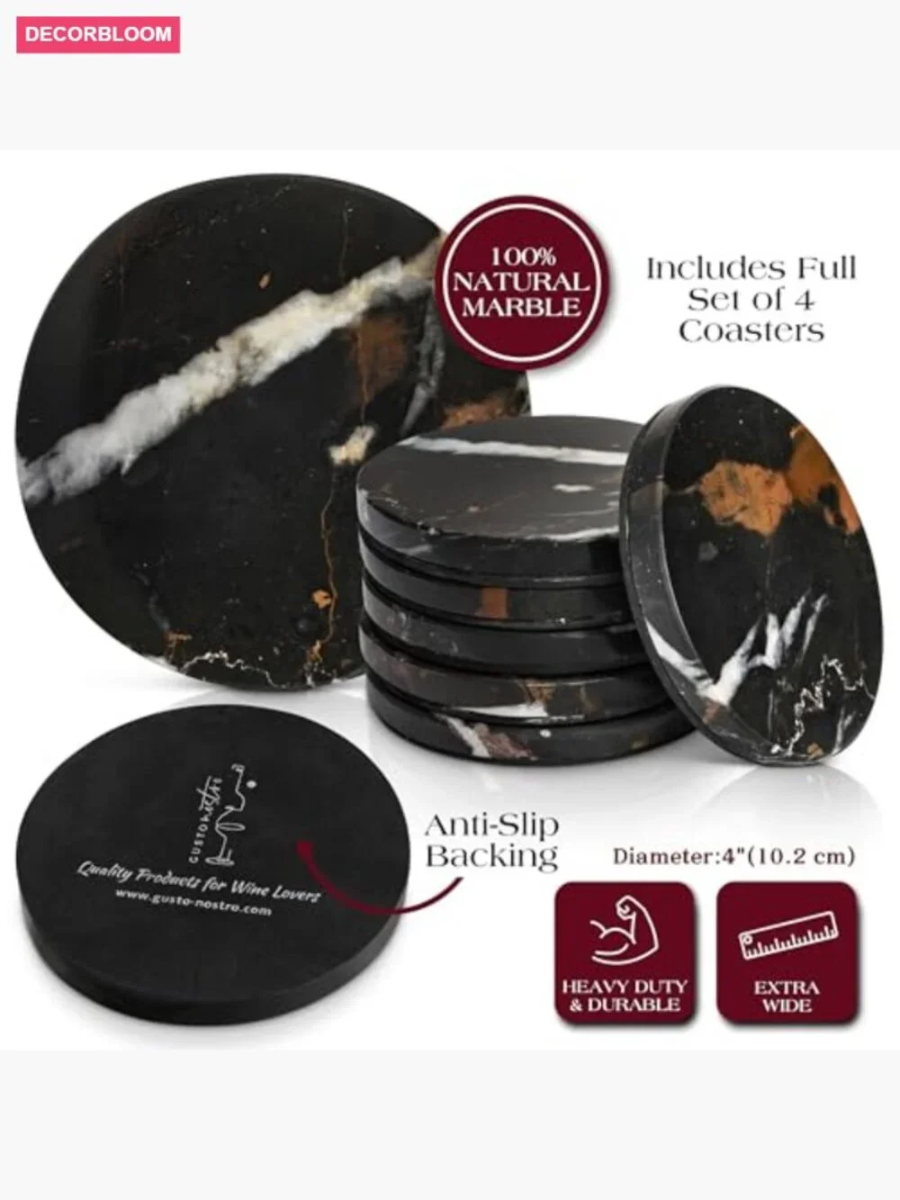 Set of 4 Natural Stone Coasters - Marble Drink Coasters for Kitchen Counter,